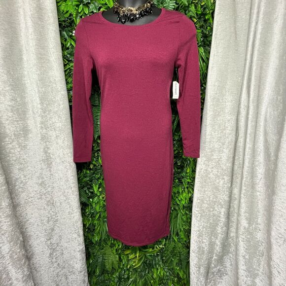 Old Navy Women Dress Medium Round Neck Wine Red Midi Knit 1467 - Picture 4 of 9